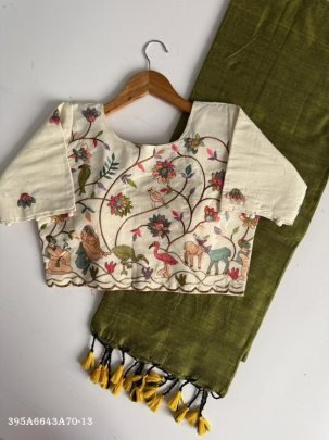 Khadi Cotton Saree with Designer Scenic Embroidered Blouse