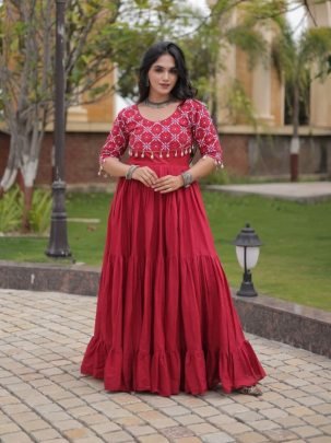 Kora Cotton Mirror Work Embroidered Gown
