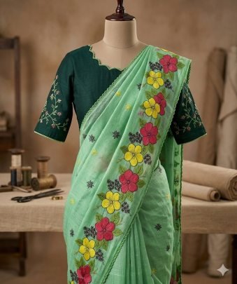 Kota With Floral Embroidery Work In Full Saree With Crosio Lace Border