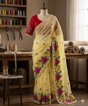 Kota With Floral Embroidery Work In Full Saree With Crosio Lace Border