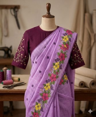 Kota With Floral Embroidery Work In Full Saree With Crosio Lace Border