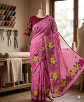 Kota With Floral Embroidery Work In Full Saree With Crosio Lace Border