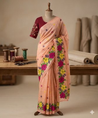Kota With Floral Embroidery Work In Full Saree With Crosio Lace Border
