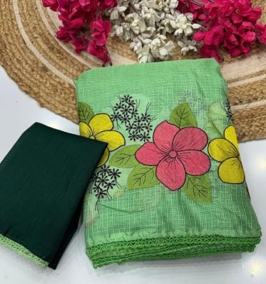 Kota With Floral Embroidery Work In Full Saree With Crosio Lace Border