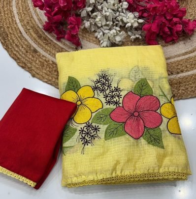 Kota With Floral Embroidery Work In Full Saree With Crosio Lace Border