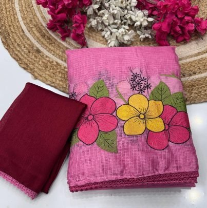 Kota With Floral Embroidery Work In Full Saree With Crosio Lace Border