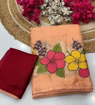 Kota With Floral Embroidery Work In Full Saree With Crosio Lace Border