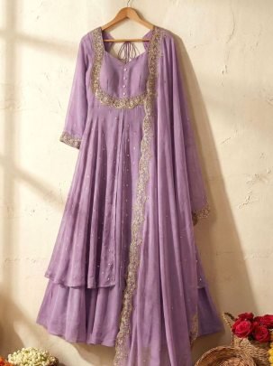 Lavender Vichitra Silk Embroidered Gown Set