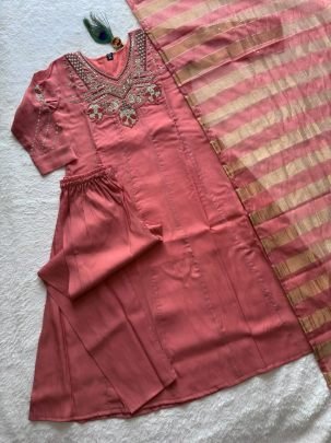 Mull Chanderi Beads Embroidered Anarkali Set