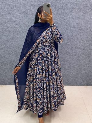 Navy Blue Kalamkari Printed Cotton Anarkali Gown with Georgette Dupatta
