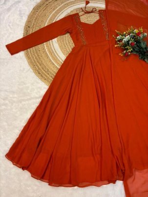 Orange Faux Georgette Handwork Party Wear Gown
