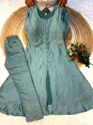 Premium Blooming Vichitra Silk A Line Top with Beautiful Hand Work