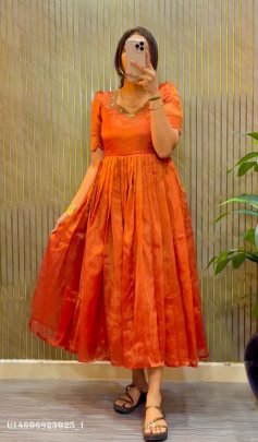 Premium Kota Tissue Silk Maggam Work Anarkali Gown