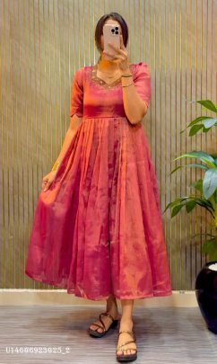 Premium Kota Tissue Silk Maggam Work Anarkali Gown