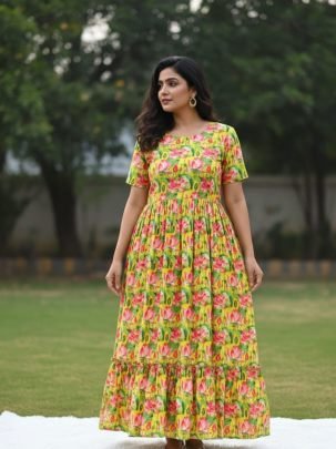 Premium Muslin Cotton Floral Printed Gown with Soft Micro Lining