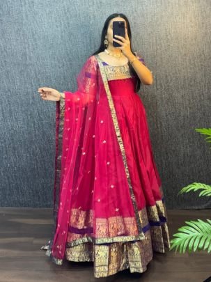 Premium Narayanpet Silk Gown with Sequin Dupatta 4m Flare