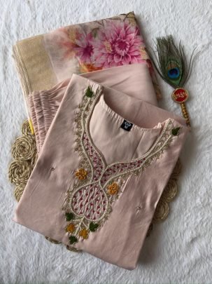 Premium Roman Silk Light Peach Suit Set with Hand Work & Lichi Silk Jacquard Dupatta