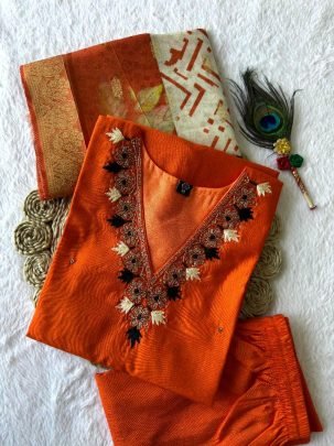 Premium Roman Silk Orange Suit Set with Hand Work   Heavy Lichi Silk Jacquard Dupatta