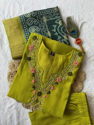 Premium Roman Silk Parrot Suit Set with Hand Work & Lichi Silk Jacquard Dupatta