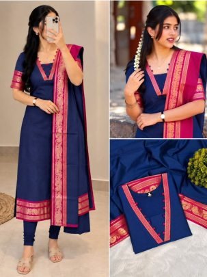 Premium Silk Cotton Kurti Set with Zari Border Dupatta
