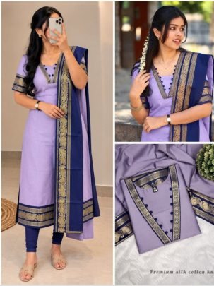 Premium Silk Cotton Kurti Set with Zari Border Dupatta