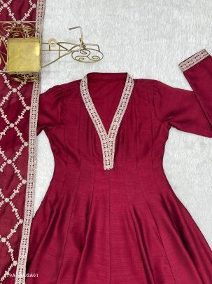 Premium Vichitra Silk Full Kali Anarkali Gown Set