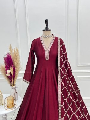 Premium Vichitra Silk Full Kali Anarkali Gown Set