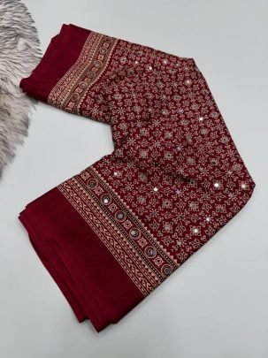 Pure Ajrakh Satin Silk Mirror Work Saree
