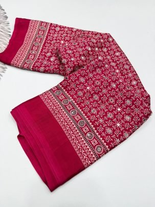 Pure Ajrakh Satin Silk Mirror Work Saree