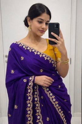 Pure Chinon Saree With Handwork
