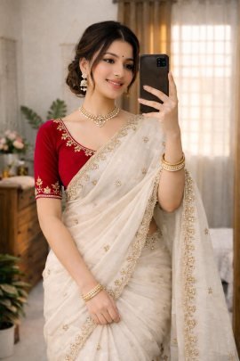 Pure Chinon Saree With Handwork