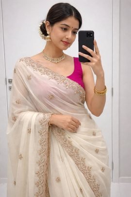 Pure Chinon Saree With Handwork