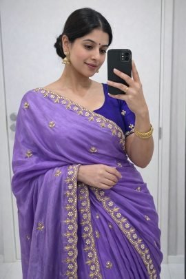 Pure Chinon Saree With Handwork