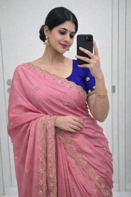 Pure Chinon Saree With Handwork