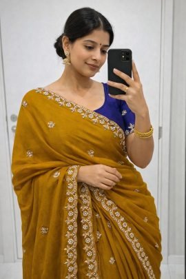 Pure Chinon Saree With Handwork