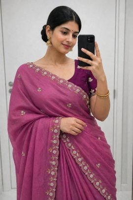 Pure Chinon Saree With Handwork