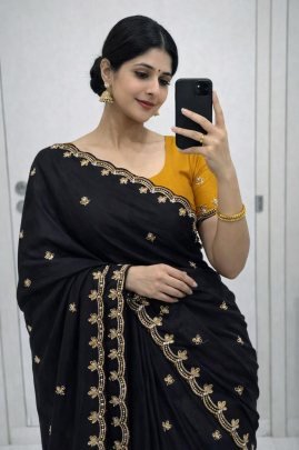 Pure Chinon Saree With Handwork