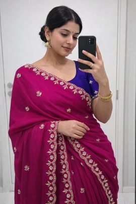 Pure Chinon Saree With Handwork
