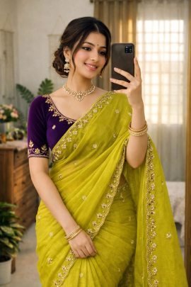 Pure Chinon Saree With Handwork