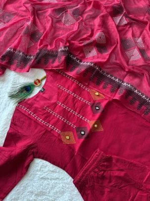 Pure Cotton Hand Block Printed Suit Set with Real Mirror Work   Mul Cotton Dupatta