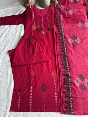 Pure Cotton Hand Block Printed Suit Set with Real Mirror Work   Mul Cotton Dupatta