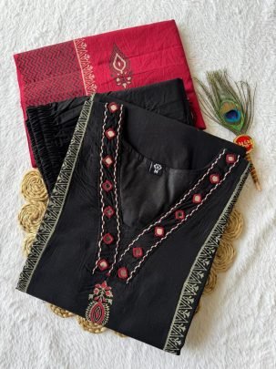 Pure Cotton Mirror Work Suit Set with Hand Block Printed Mul Cotton Dupatta