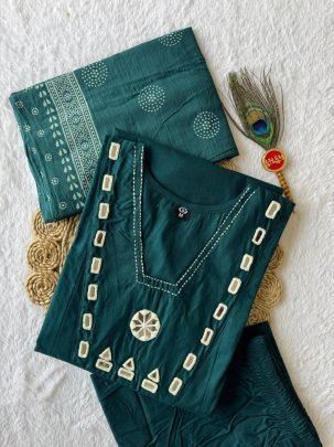 Pure Cotton Mirror Work Suit Set with Hand Block Printed Mul Cotton Dupatta