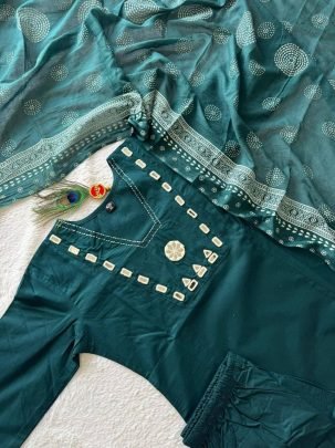 Pure Cotton Mirror Work Suit Set with Hand Block Printed Mul Cotton Dupatta