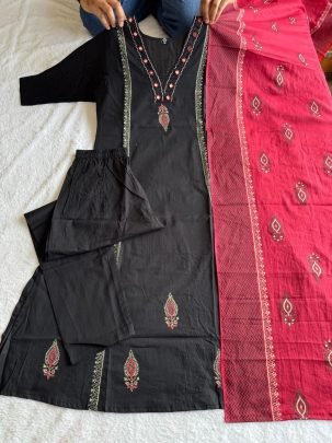 Pure Cotton Mirror Work Suit Set with Hand Block Printed Mul Cotton Dupatta