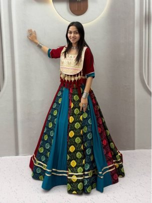 Pure Cotton Multi Print Embroidered Lehenga Set