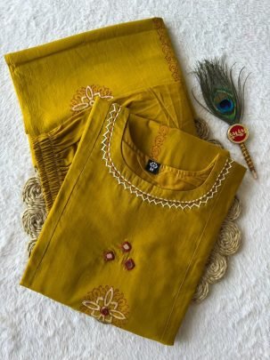 Pure Cotton Mustard Suit Set with Real Mirror Hand Work & Mul Cotton Dupatta