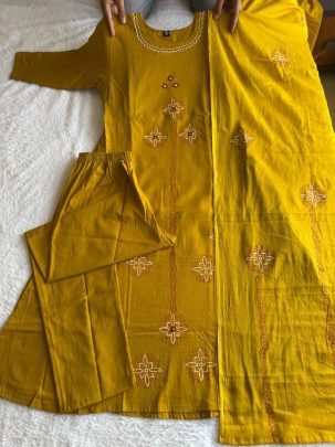 Pure Cotton Mustard Suit Set with Real Mirror Hand Work & Mul Cotton Dupatta