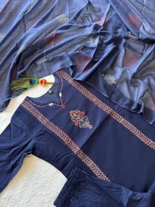 Pure Cotton Navy Blue Hand Block Printed Suit Set with Real Mirror Work