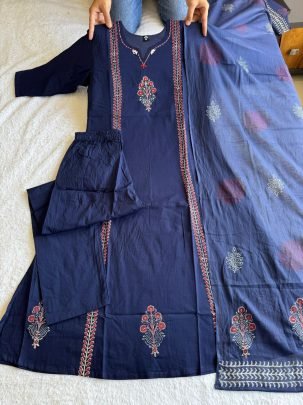 Pure Cotton Navy Blue Hand Block Printed Suit Set with Real Mirror Work